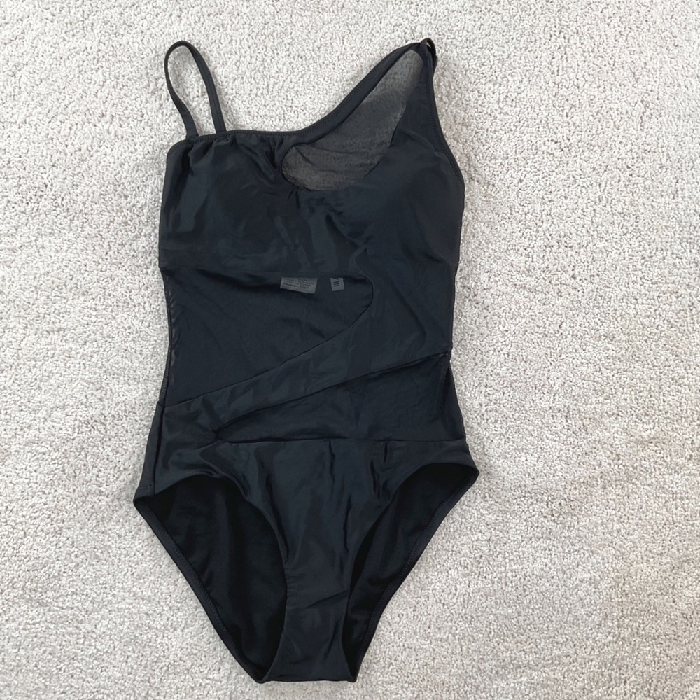 Bar III Womens Black Mesh Asymmetrical‎ One Shoulder One Piece Swimsuit XS NEW